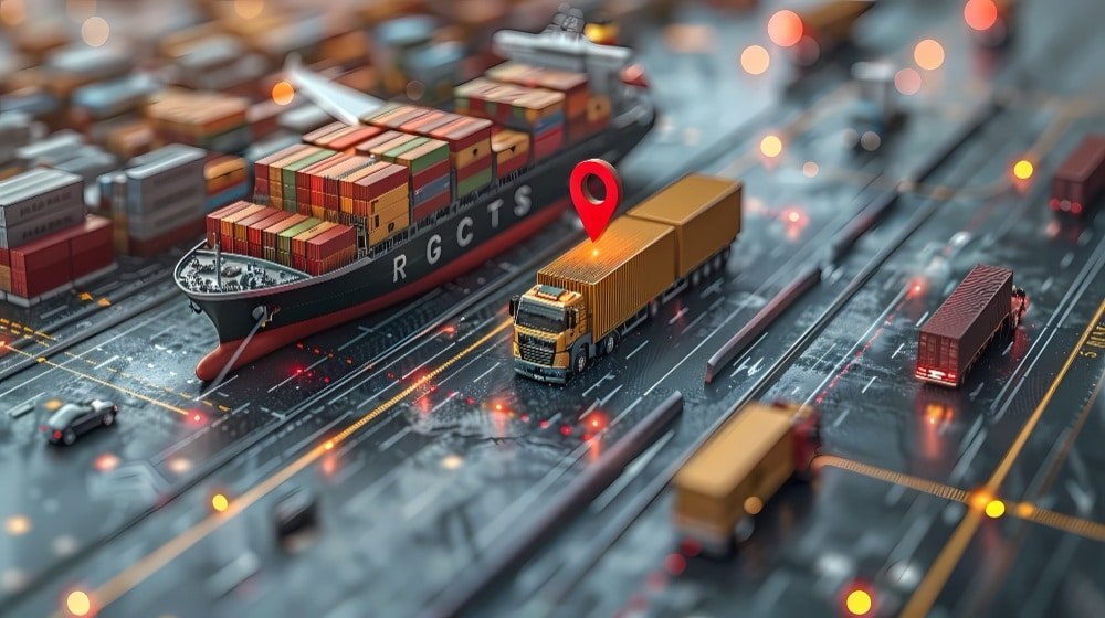 A model freight network with a container ship and road vehicles around a highlighted location marker, the second original image from the InteliSense IT article.