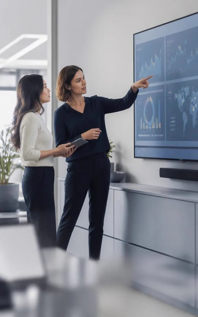 Two colleagues checking a service dashboard to confirm the service can keep running